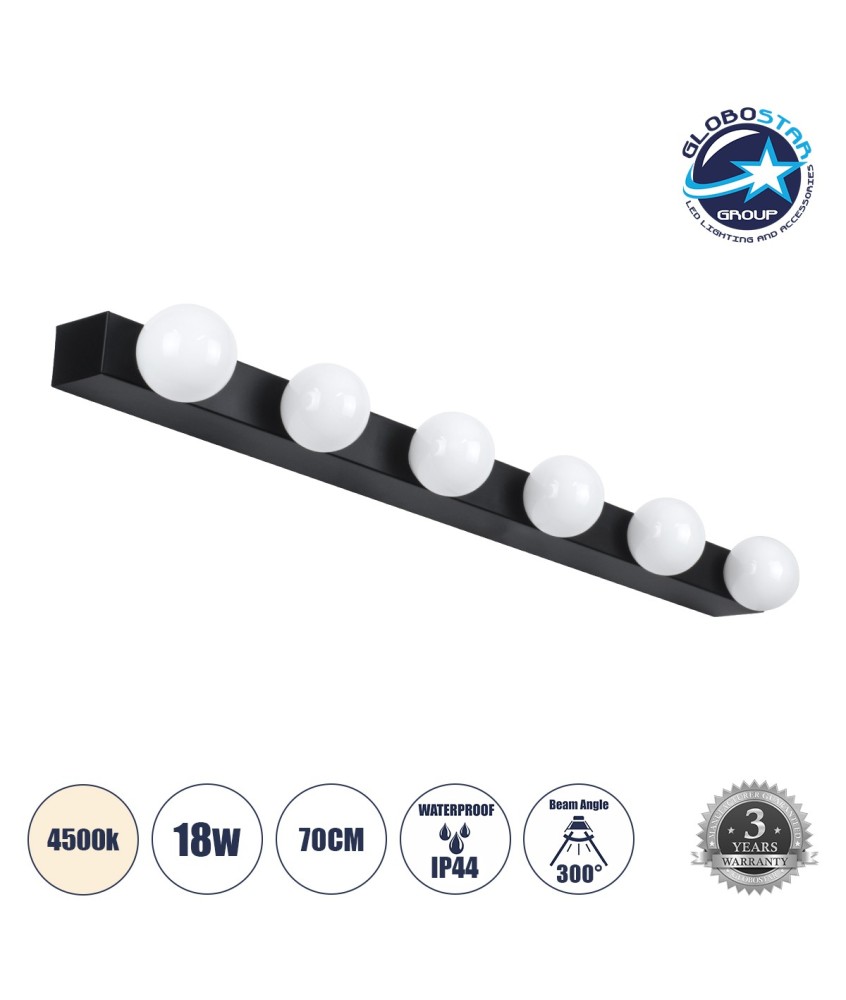 GLOBOSTAR® BELLA 60452 Μοντέρνο Φωτιστικό Τοίχου - Απλίκα Καθρέπτη Μπάνιου LED 18W 2052lm 300° AC 220-240V IP44 Φυσικό Λευκό 4500K - Bridgelux COB Chip & TÜV SÜD Driver - Μαύρο Ματ & Λευκό - Μ70 x Π11 x Υ6cm - 3 Χρόνια Εγγύηση